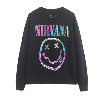 Nirvana Sweatshirt Epaulet Smiley Face Velvet Padded Loose Casual Embroider