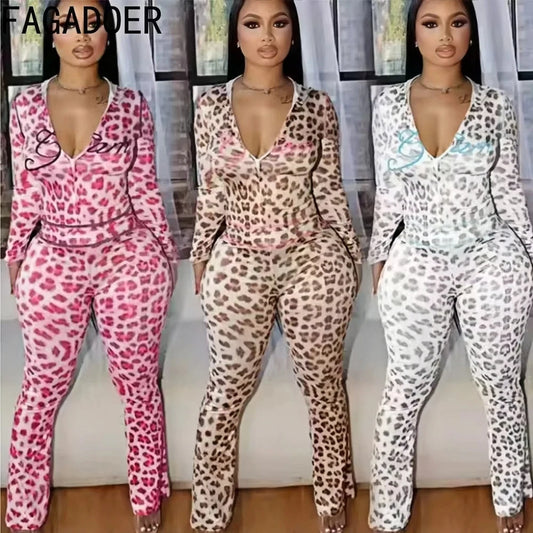 Sexy Leopard Print 2 Piece Sets Women Outfit Long Sleeve Zipper Hooded Crop Jacket + Flare Pants Suits Female Clothing