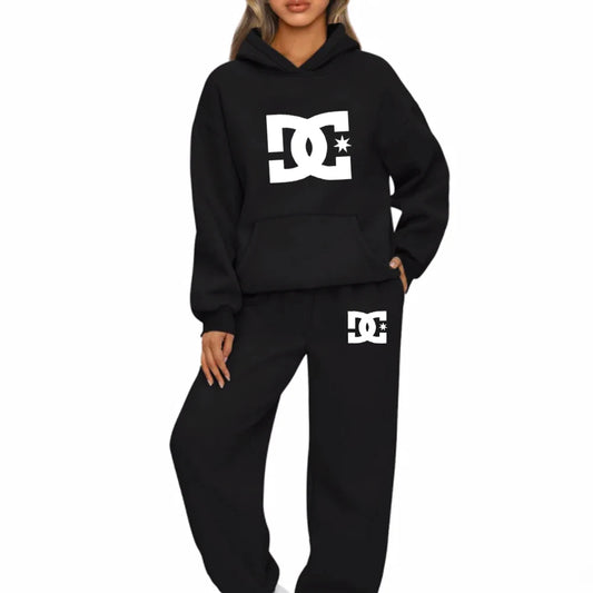 Women's Fashion Outfits DC Letter-printed Long-sleeved Drawstring Hoodie and sweatpants