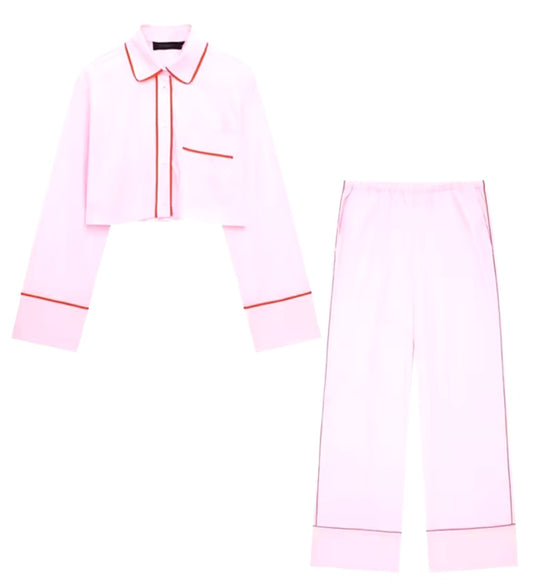 Woman's 2 Piece Pink Set Stripe Lapel Pocket Button Shirt Top+Fashion High Waist Drawstring Pocket Wide Leg Pants traf