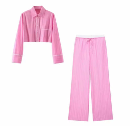 Woman's 2 Piece Pink Set Stripe Lapel Pocket Button Shirt Top+Fashion High Waist Drawstring Pocket Wide Leg Pants traf